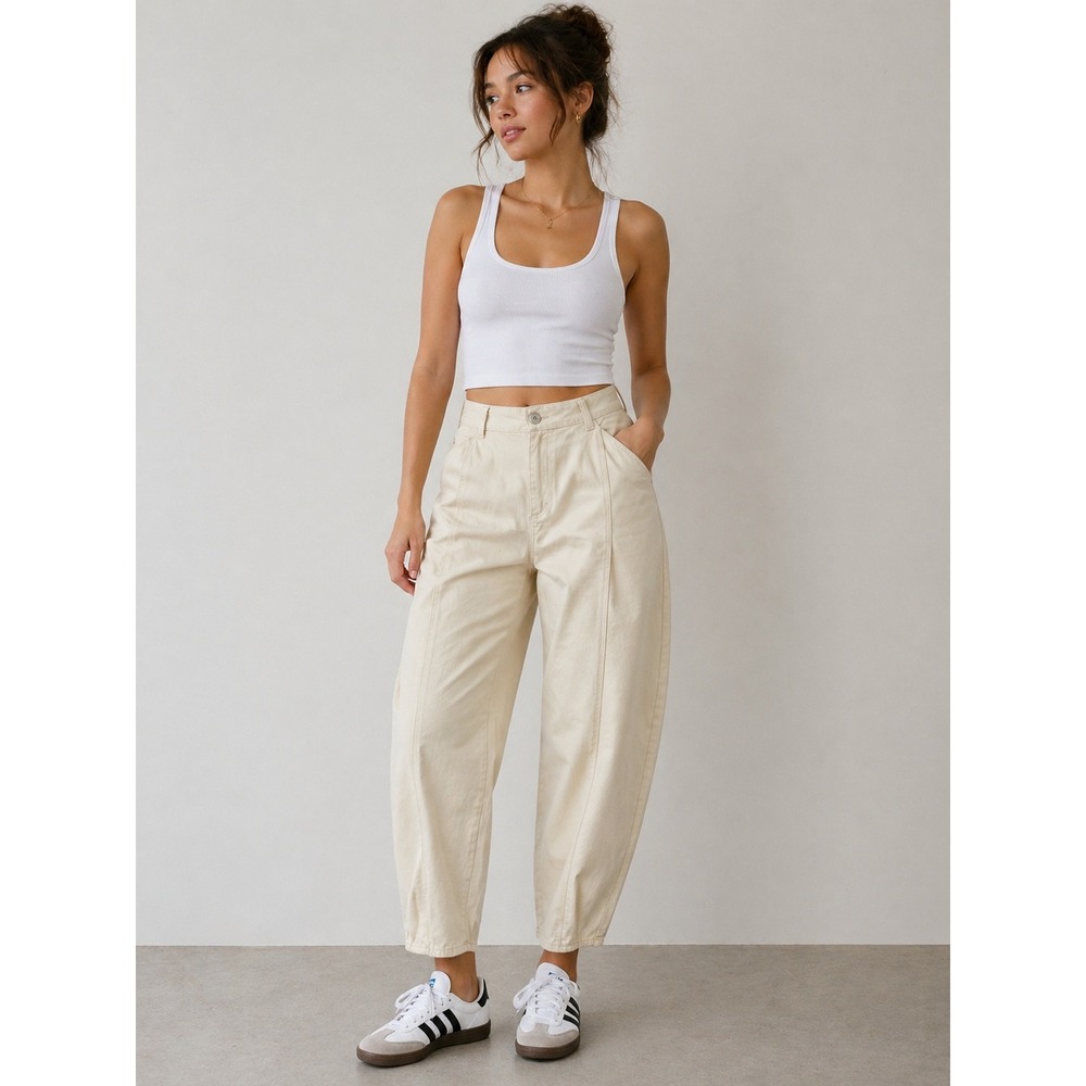 Monki Beige Cotton Twill Barrel Leg Pants High Waisted Balloon Trousers Size 38